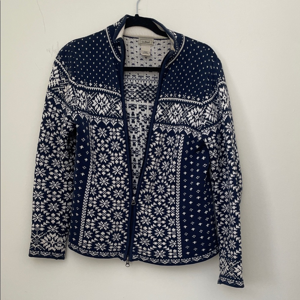 L.L. Bean Navy and White Cardigan Sweater
